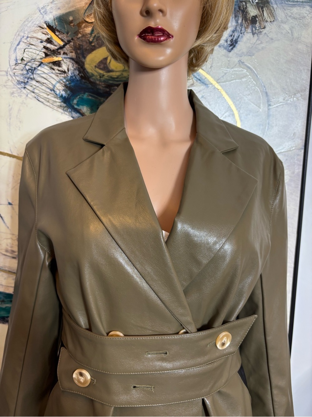 Olive Green Faux Leather Belted Trench Blazer - Picture 4 of 16